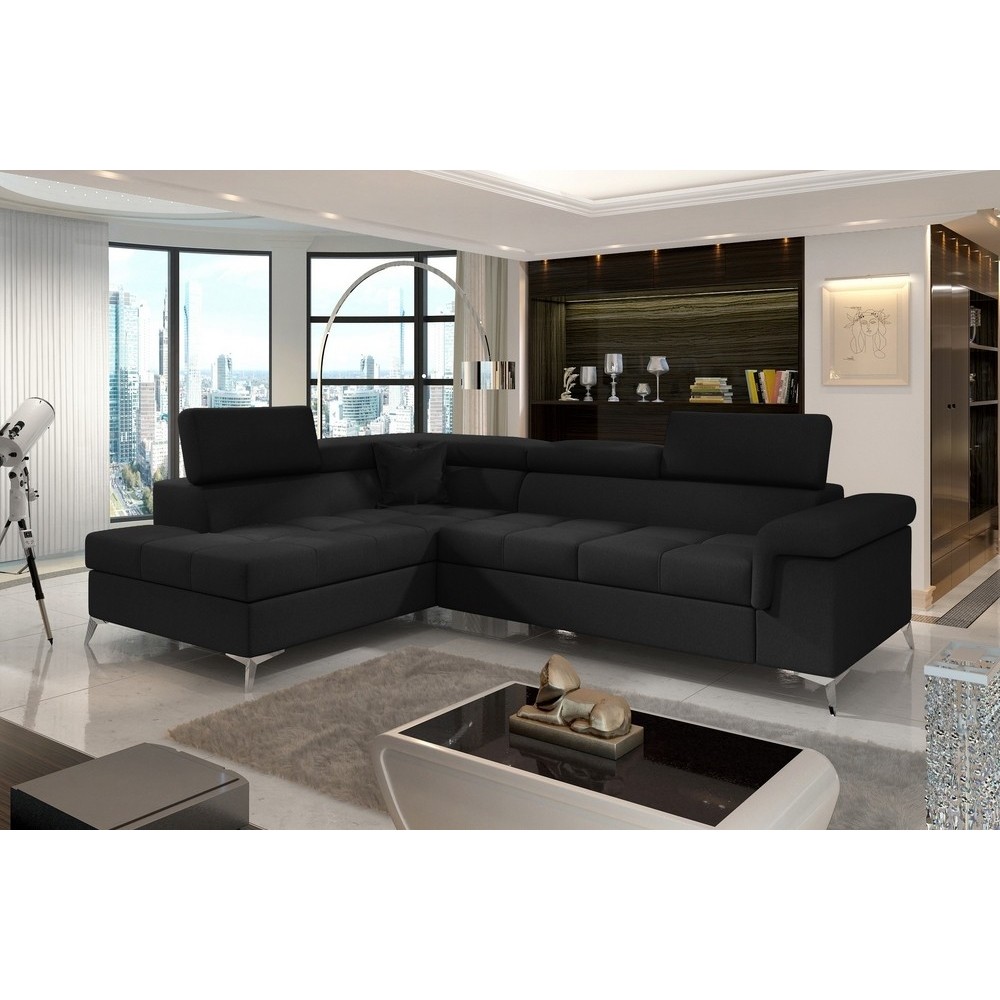 - Canapé d'angle convertible - ERNEST - en tissu luxe 5 places, noir, angle gauche (vu de face) - Canapé d'angle convertible - ERNEST - en tissu luxe 5 places, noir, angle gauche (vu de face)
