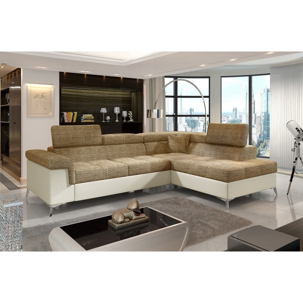 Canapé d'angle convertible - ERMAN - en tissu et simili 5 places, marron et écru, angle droit (vu de face) Canapé d'angle convertible - ERMAN - en tissu et simili 5 places, marron et écru, angle droit (vu de face)