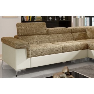 Canapé d'angle convertible - ERMAN - en tissu et simili 5 places, marron et écru, angle droit (vu de face)