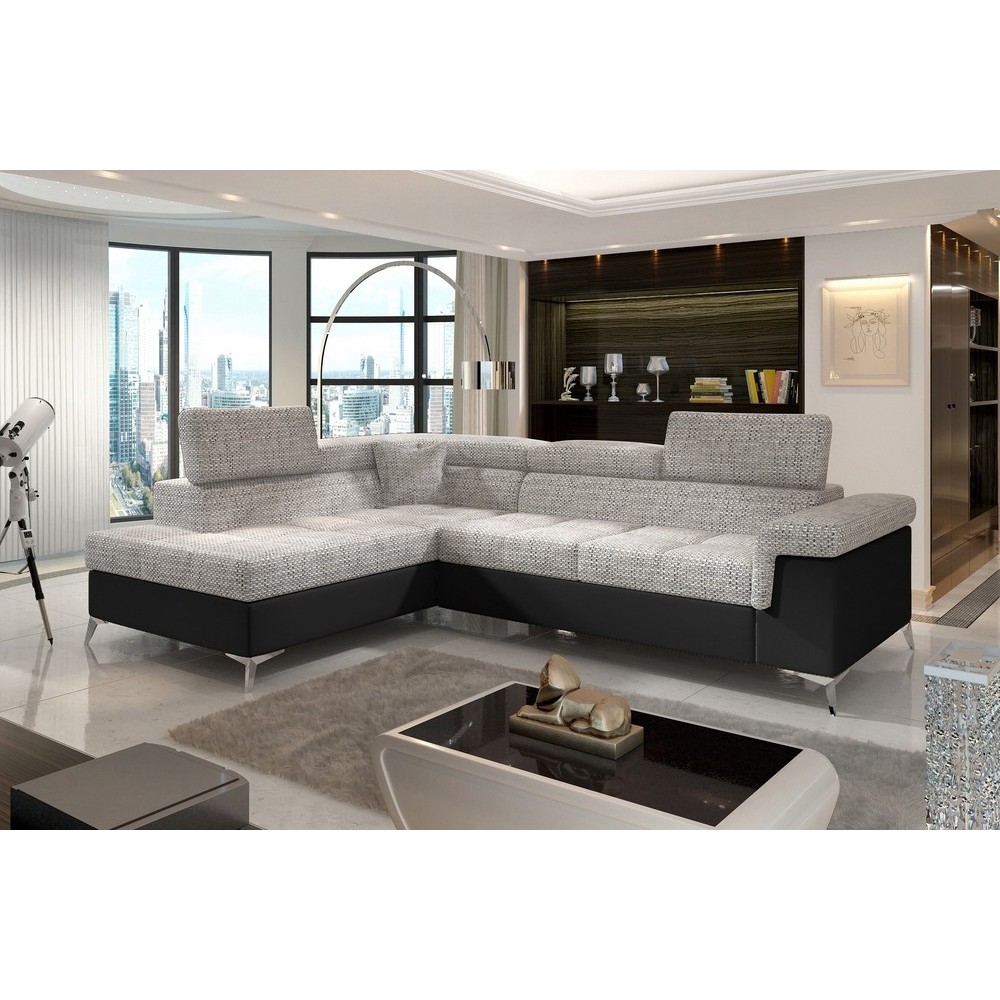 - Canapé d'angle convertible - ERMAN - en tissu et simili 5 places, gris et noir, angle gauche (vu de face) - Canapé d'angle convertible - ERMAN - en tissu et simili 5 places, gris et noir, angle gauche (vu de face)