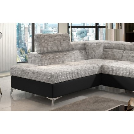 - Canapé d'angle convertible - ERMAN - en tissu et simili 5 places, gris et noir, angle gauche (vu de face)