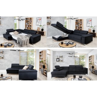 - Canapé d'angle convertible - ERMAN - en tissu et simili 5 places, gris et noir, angle gauche (vu de face)
