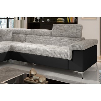 - Canapé d'angle convertible - ERMAN - en tissu et simili 5 places, gris et noir, angle gauche (vu de face)