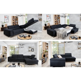 Canapé d'angle convertible - ERMAN - en tissu et simili 5 places, gris et noir, angle droit (vu de face)