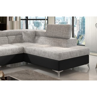 Canapé d'angle convertible - ERMAN - en tissu et simili 5 places, gris et noir, angle droit (vu de face)