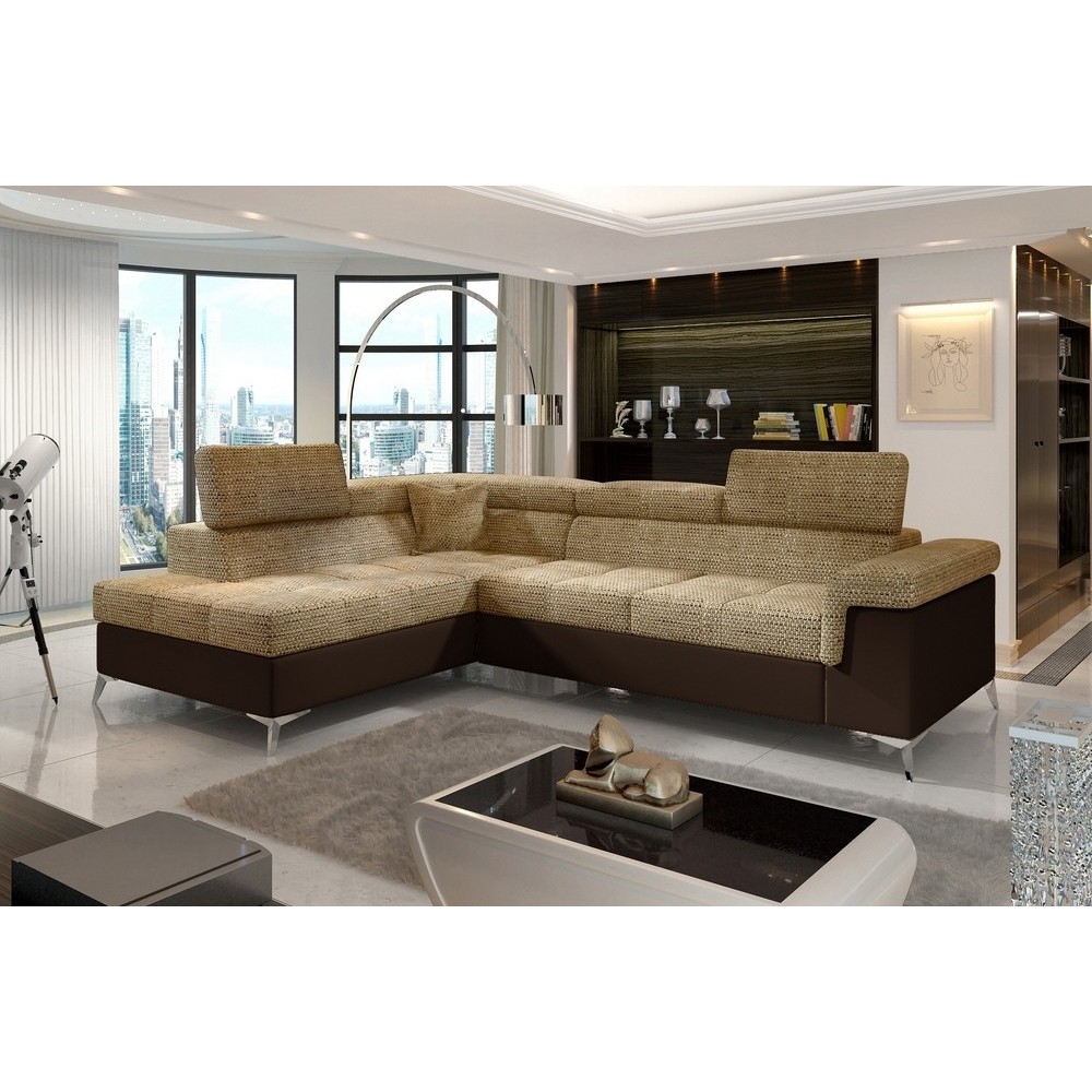Canapé d'angle convertible - ERMAN - en tissu et simili 5 places, marron et chocolat, angle gauche (vu de face)