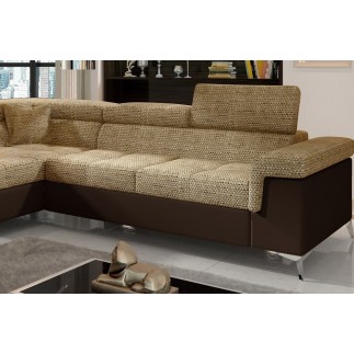 Canapé d'angle convertible - ERMAN - en tissu et simili 5 places, marron et chocolat, angle gauche (vu de face)