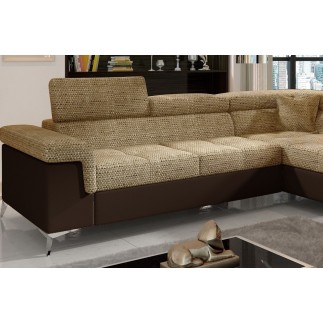 Canapé d'angle convertible - ERMAN - en tissu et simili 5 places, marron et chocolat, angle droit (vu de face)