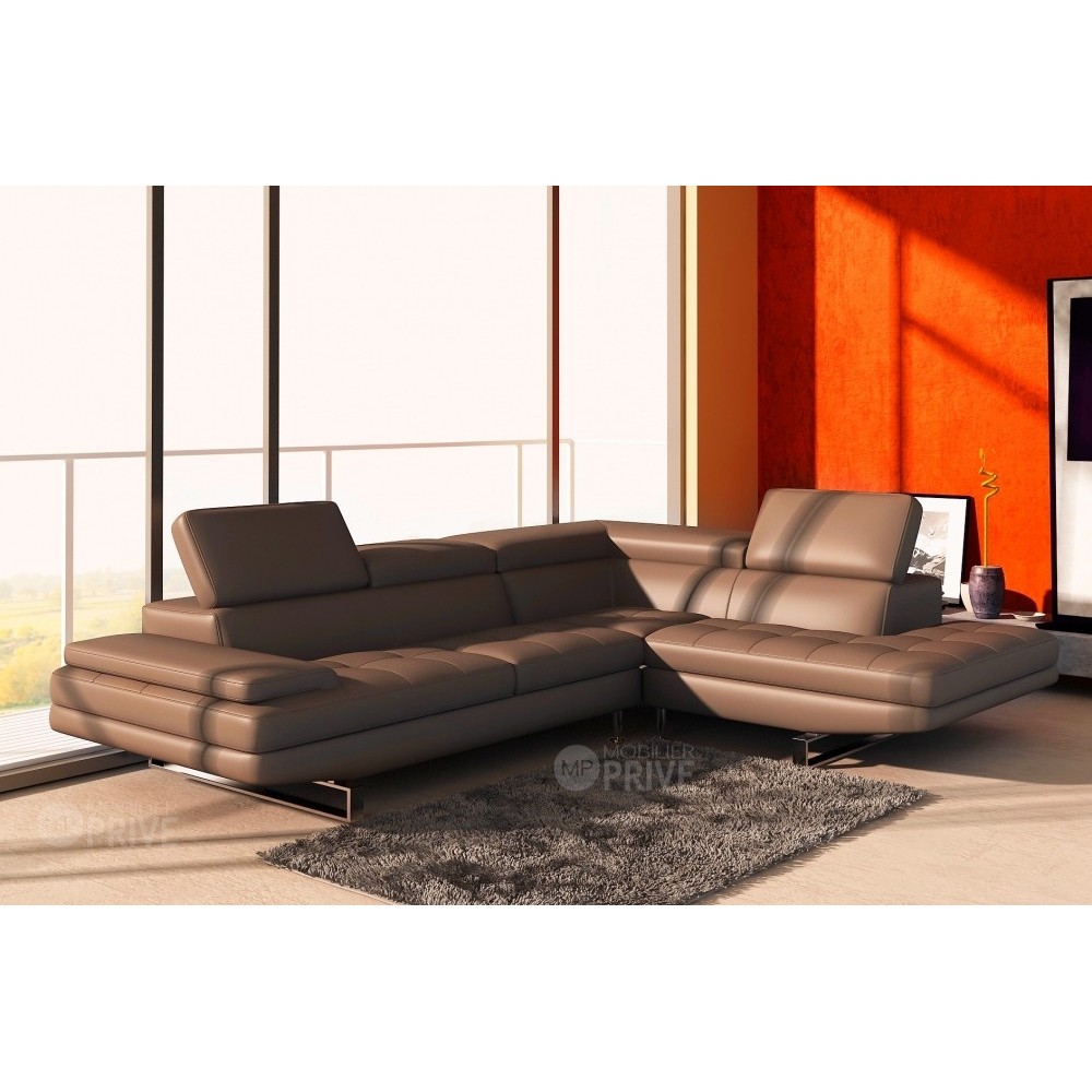 Canapé d'angle en cuir italien 6 places BIRKIN, marron, angle droit