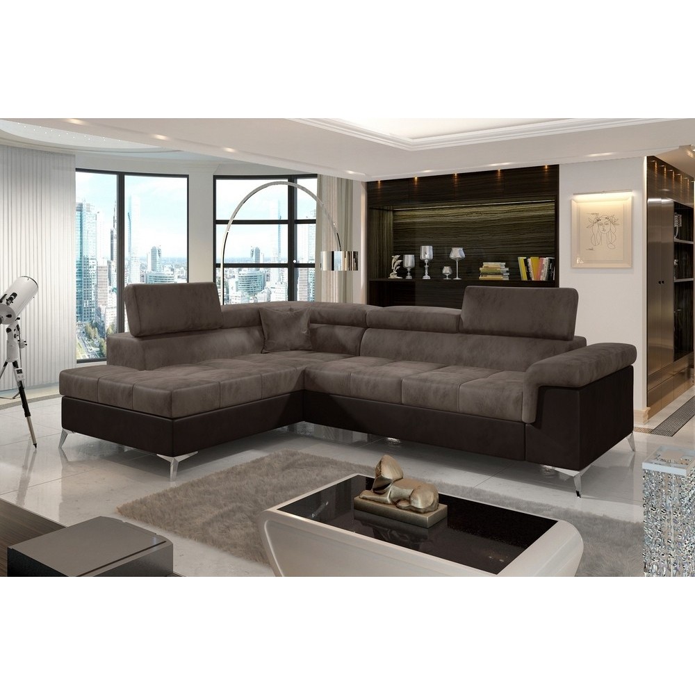 Canapé d'angle - convertible - ERIKA - en tissu velours luxe 5 places, marron et chocolat, angle gauche (vu de face) Canapé d'angle - convertible - ERIKA - en tissu velours luxe 5 places, marron et chocolat, angle gauche (vu de face)