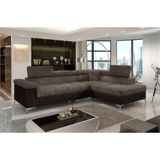 Canapé d'angle convertible - ERIKA - en tissu velours luxe 5 places, marron et chocolat, angle droit (vu de face)