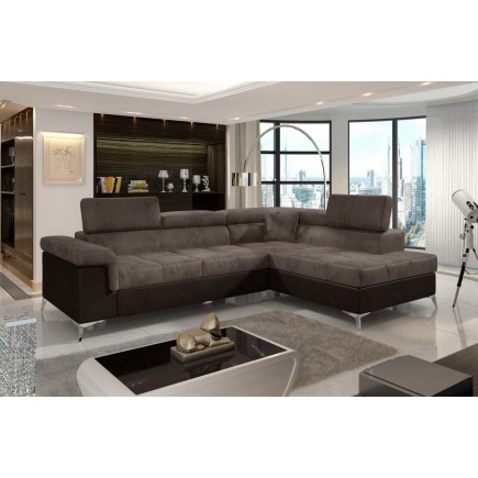 Canapé d'angle convertible - ERIKA - en tissu velours luxe 5 places, marron et chocolat, angle droit (vu de face)