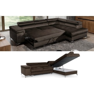 Canapé d'angle convertible - ERIKA - en tissu velours luxe 5 places, marron et chocolat, angle droit (vu de face)
