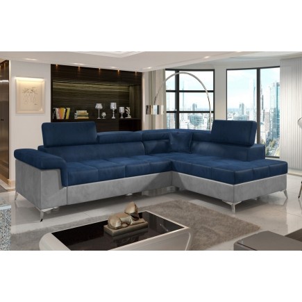 Canapé d'angle convertible - ERIKA - en tissu velours luxe 5 places, bleu et gris, angle droit (vu de face)