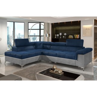 Canapé d'angle - convertible - ERIKA - en tissu velours luxe 5 places, BLEU et GRIS, angle gauche (vu de face)