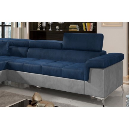 Canapé d'angle - convertible - ERIKA - en tissu velours luxe 5 places, BLEU et GRIS, angle gauche (vu de face)