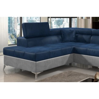 Canapé d'angle - convertible - ERIKA - en tissu velours luxe 5 places, BLEU et GRIS, angle gauche (vu de face)