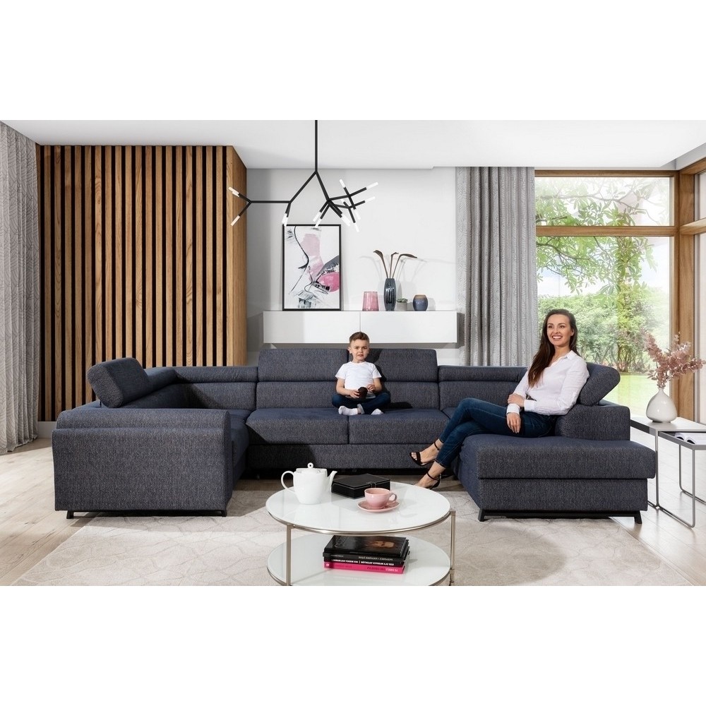 Canapé panoramique convertible, ESTEVE, en tissu prestige luxe gris, 7 places, partie sans accoudoir à droite (vu de face) Canapé panoramique convertible, ESTEVE, en tissu prestige luxe gris, 7 places, partie sans accoudoir à droite (vu de face)