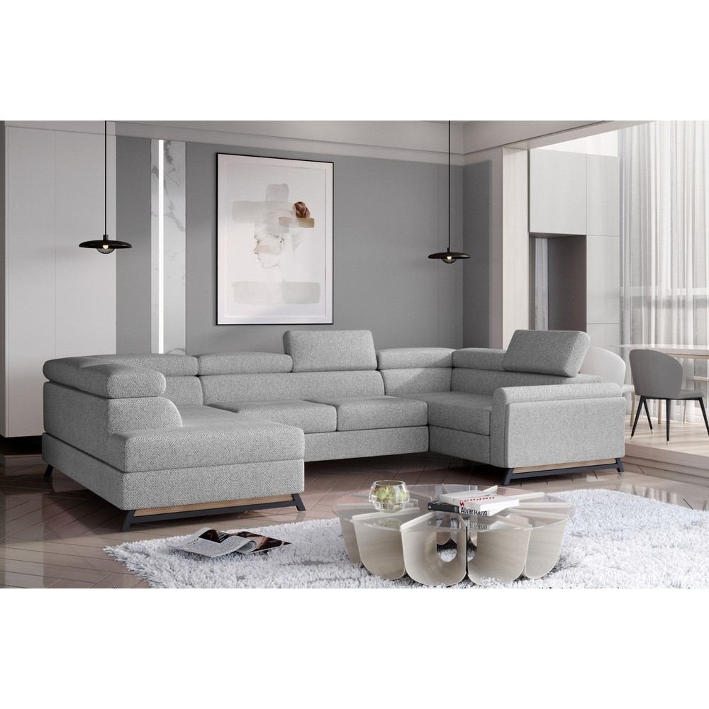 Canapé panoramique convertible - ESTEBAN - en tissu prestige luxe gris - 7 places, partie sans accoudoir à gauche (vu de face) Canapé panoramique convertible - ESTEBAN - en tissu prestige luxe gris - 7 places, partie sans accoudoir à gauche (vu de face)