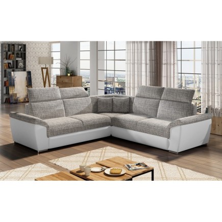 Canapé d'angle - convertible - FELIPE - en tissu beige et simili cuir blanc, 5/6 places