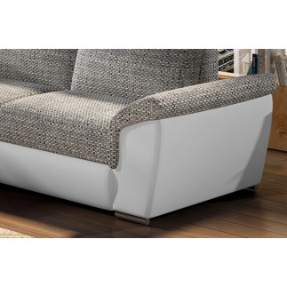 Canapé d'angle - convertible - FELIPE - en tissu beige et simili cuir blanc, 5/6 places