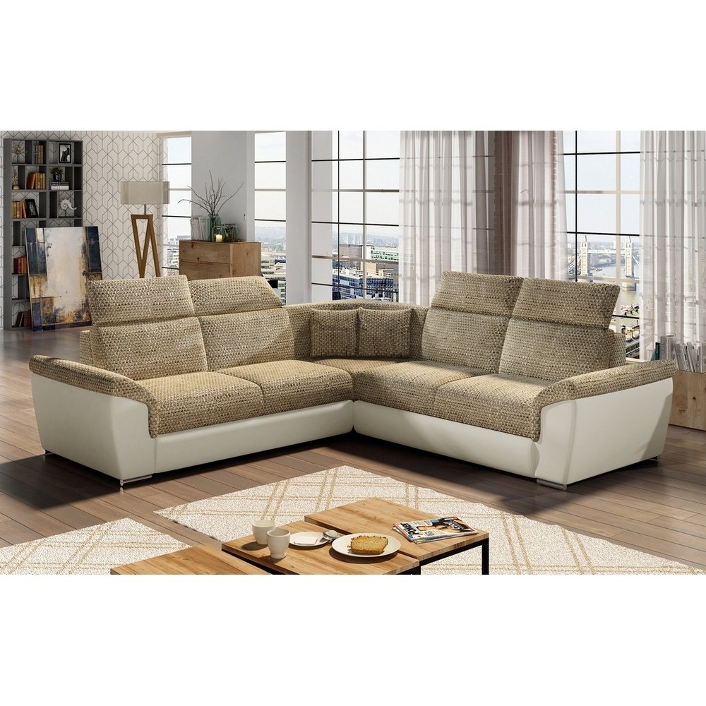 Canapé d'angle - convertible - FELIPE - en tissu beige et simili cuir écru, 5/6 places, angle gauche Canapé d'angle - convertible - FELIPE - en tissu beige et simili cuir écru, 5/6 places, angle gauche