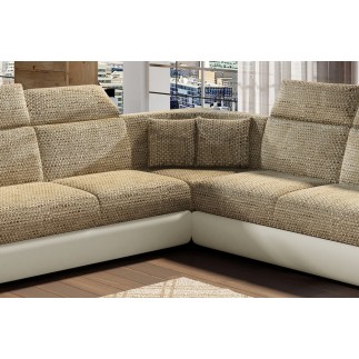 Canapé d'angle - convertible - FELIPE - en tissu beige et simili cuir écru, 5/6 places