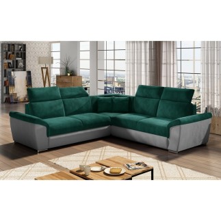 Canapé d'angle - convertible - FELIPE VELOURS - en tissu luxe vert et gris, 5/6 places
