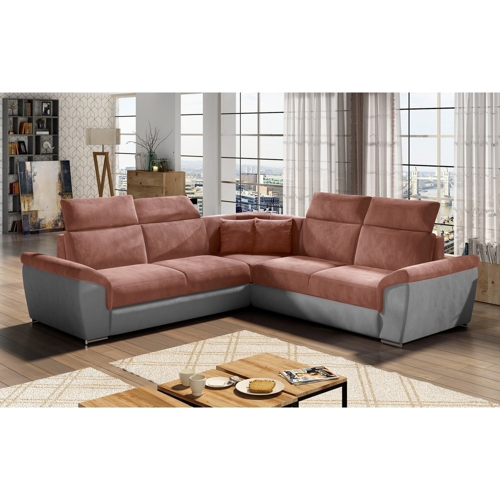 Canapé d'angle - convertible - FELIPE VELOURS - en tissu luxe rose pale et gris, 5/6 places, angle gauche Canapé d'angle - convertible - FELIPE VELOURS - en tissu luxe rose pale et gris, 5/6 places, angle gauche