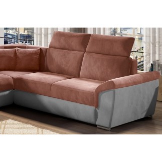Canapé d'angle - convertible - FELIPE VELOURS - en tissu luxe rose pale et gris, 5/6 places, angle gauche