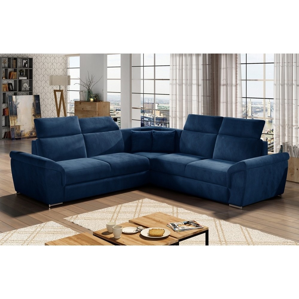 Canapé d'angle convertible - FELIPE VELOURS - en tissu luxe bleu, 5/6 places, angle gauche