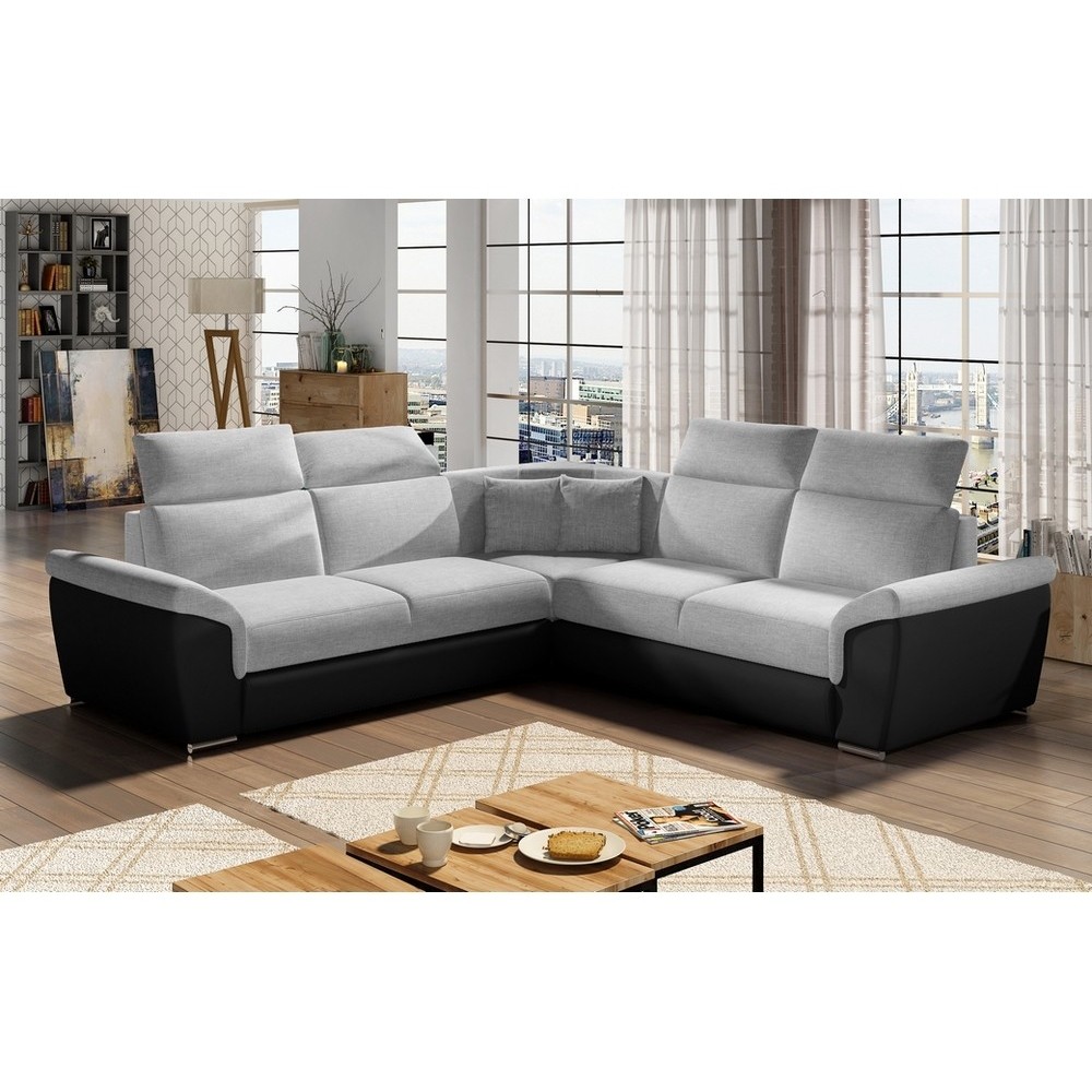Canapé d'angle - convertible - FELIPE - en tissu gris clair et simili cuir noir, 5/6 places, angle gauche Canapé d'angle - convertible - FELIPE - en tissu gris clair et simili cuir noir, 5/6 places, angle gauche