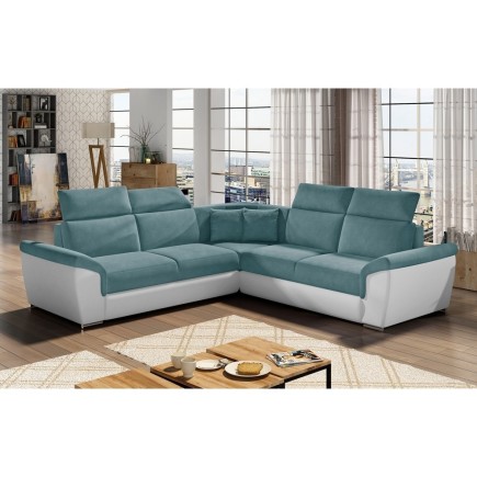 Canapé d'angle - convertible - FELIPE - en tissu bleu et simili cuir blanc, 5/6 places