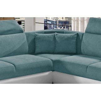 Canapé d'angle - convertible - FELIPE - en tissu bleu et simili cuir blanc, 5/6 places