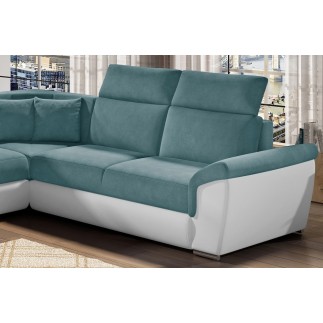 Canapé d'angle - convertible - FELIPE - en tissu bleu et simili cuir blanc, 5/6 places