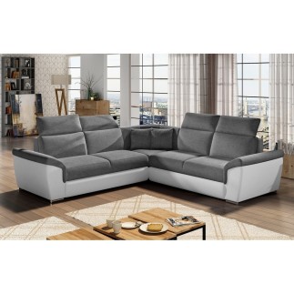 Canapé d'angle - convertible - FELIPE - en tissu gris et simili cuir blanc, 5/6 places