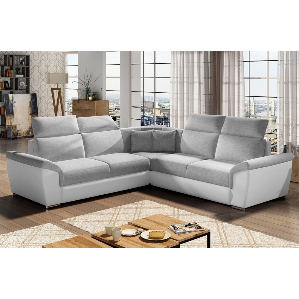 Canapé d'angle - convertible - FELIPE - en tissu gris clair et simili cuir blanc, 5/6 places, angle gauche Canapé d'angle - convertible - FELIPE - en tissu gris clair et simili cuir blanc, 5/6 places, angle gauche
