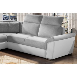 Canapé d'angle - convertible - FELIPE - en tissu gris clair et simili cuir blanc, 5/6 places