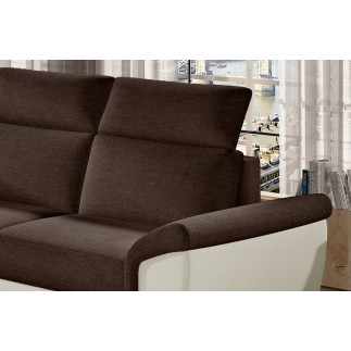 Canapé d'angle - convertible - FELIPE - en tissu chocolat et simili cuir écru, 5/6 places
