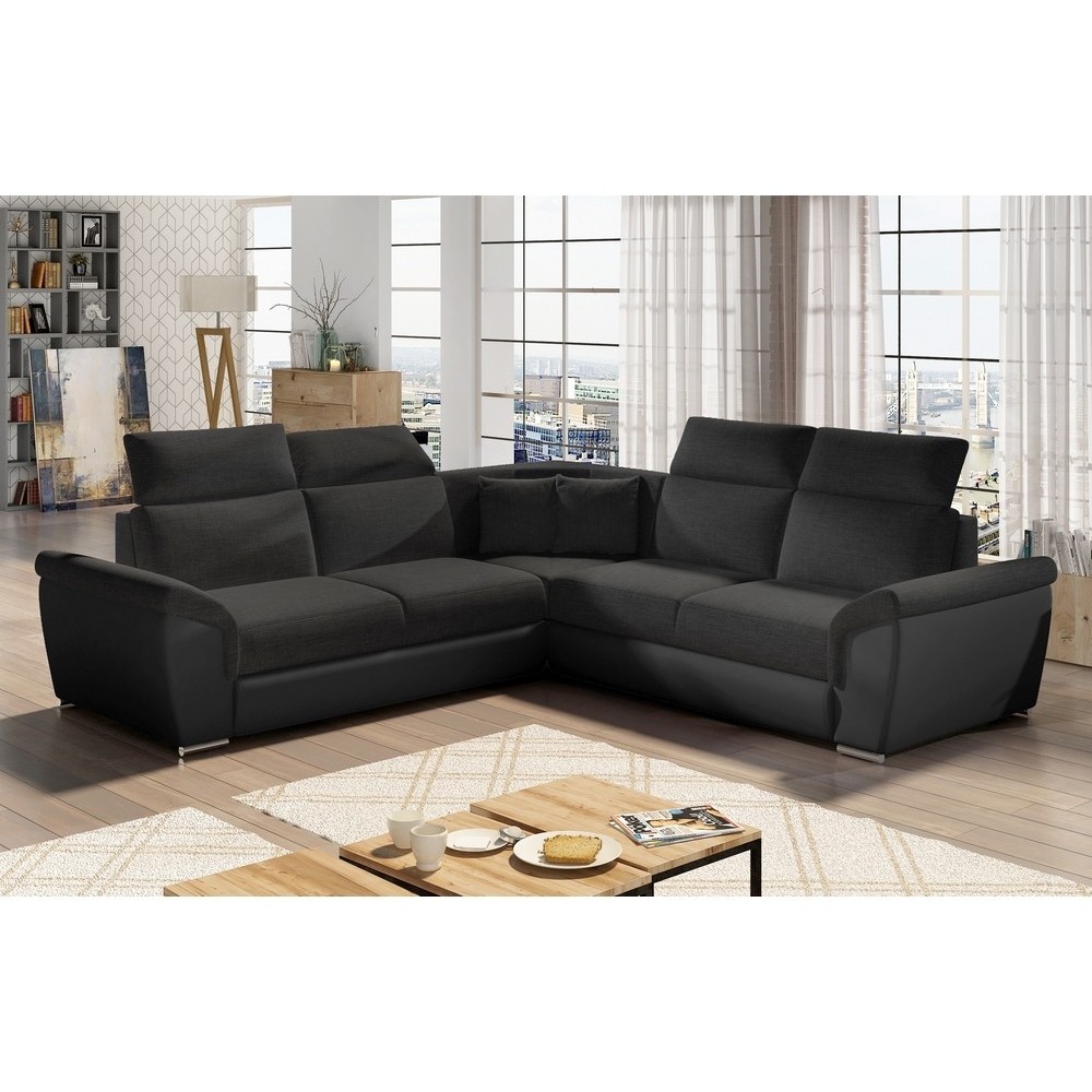 Canapé d'angle - convertible - FELIPE - en tissu noir et simili cuir noir, 5/6 places, angle gauche Canapé d'angle - convertible - FELIPE - en tissu noir et simili cuir noir, 5/6 places, angle gauche