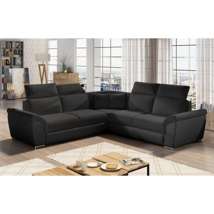 Canapé d'angle - convertible - FELIPE - en tissu noir et simili cuir noir, 5/6 places