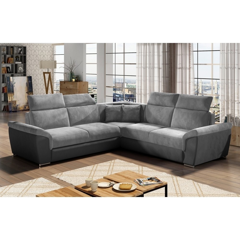 Canapé d'angle - convertible - FELIPE VELOURS - en tissu luxe gris clair et gris foncé, 5/6 places, angle gauche