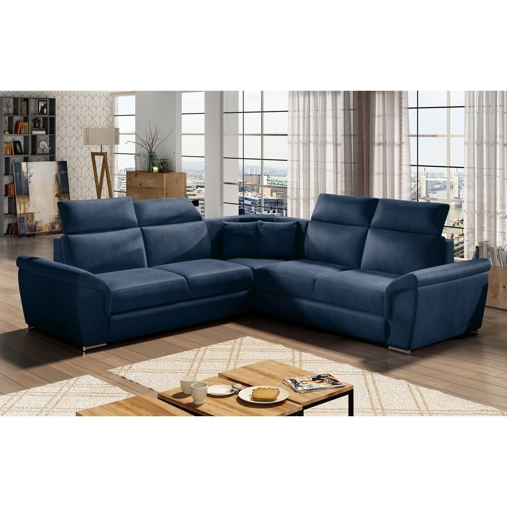 Canapé d'angle - convertible - FELIPE VELOURS - en tissu luxe bleu, 5/6 places, angle gauche