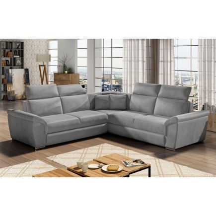 Canapé d'angle convertible - FELIPE VELOURS - en tissu luxe gris clair, 5/6 places