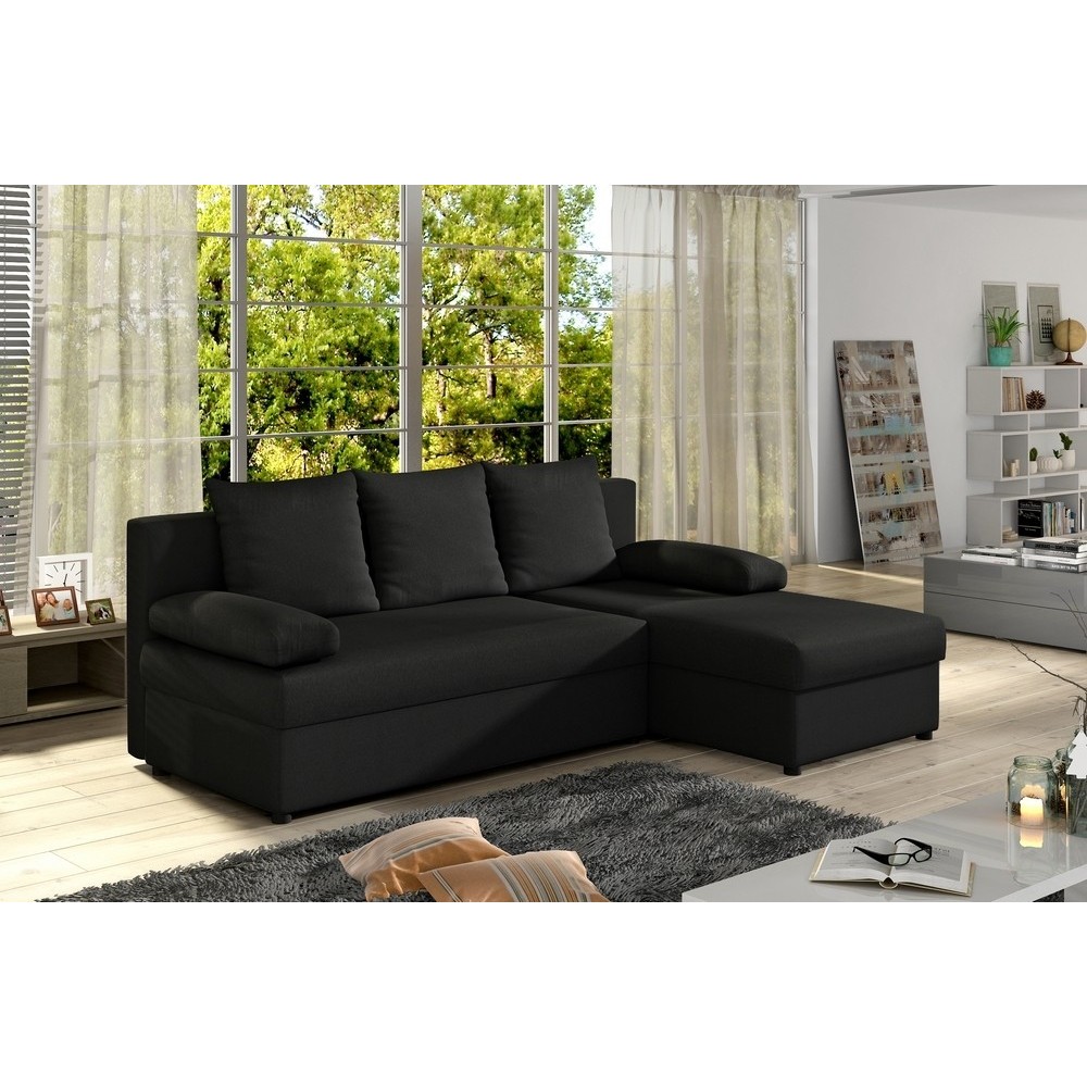 Canapé d'angle convertible - GILO - en tissu luxe 3/4 places, noir, angle droit (vu de face) Canapé d'angle convertible - GILO - en tissu luxe 3/4 places, noir, angle droit (vu de face)