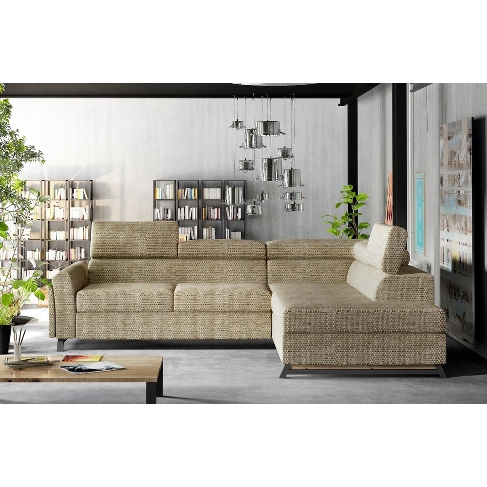 Canapé d'angle convertible - KARL - en tissu luxe 5 places, beige, angle droit (vu de face) Canapé d'angle convertible - KARL - en tissu luxe 5 places, beige, angle droit (vu de face)