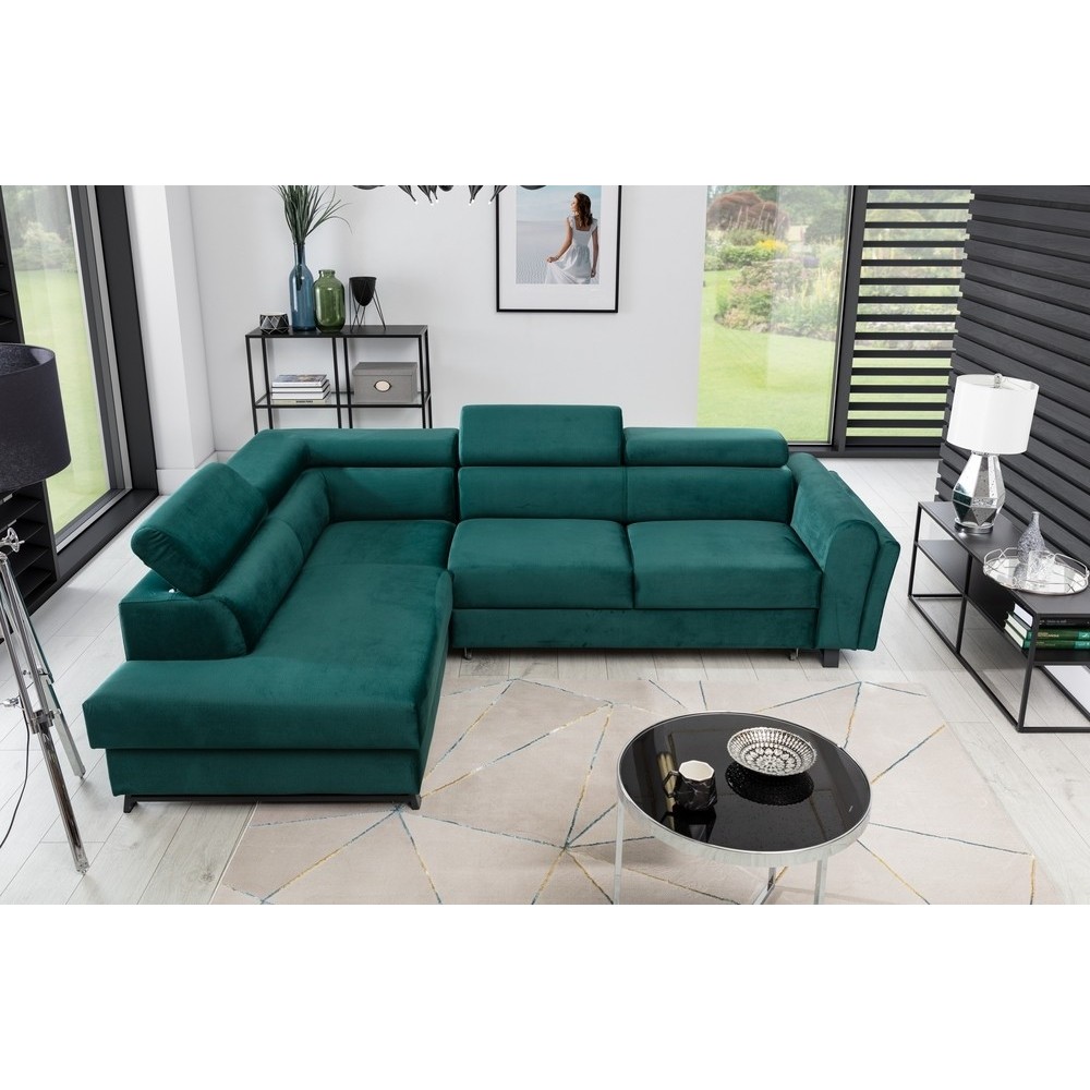 Canapé d'angle convertible - KARL VELOURS - en tissu prestige - 5 places, vert, angle gauche (vu de face) Canapé d'angle convertible - KARL VELOURS - en tissu prestige - 5 places, vert, angle gauche (vu de face)