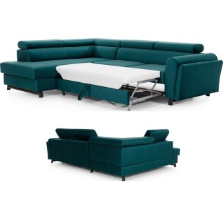 Canapé d'angle convertible - KARL VELOURS - en tissu prestige - 5 places, vert, angle gauche (vu de face)