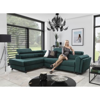 Canapé d'angle convertible - KARL VELOURS - en tissu prestige - 5 places, vert, angle gauche (vu de face)