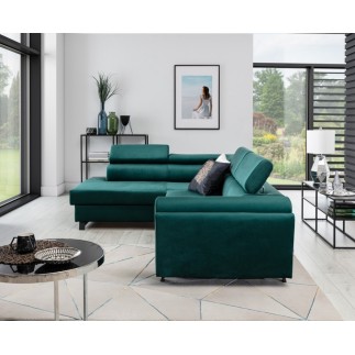 Canapé d'angle convertible - KARL VELOURS - en tissu prestige - 5 places, vert, angle gauche (vu de face)